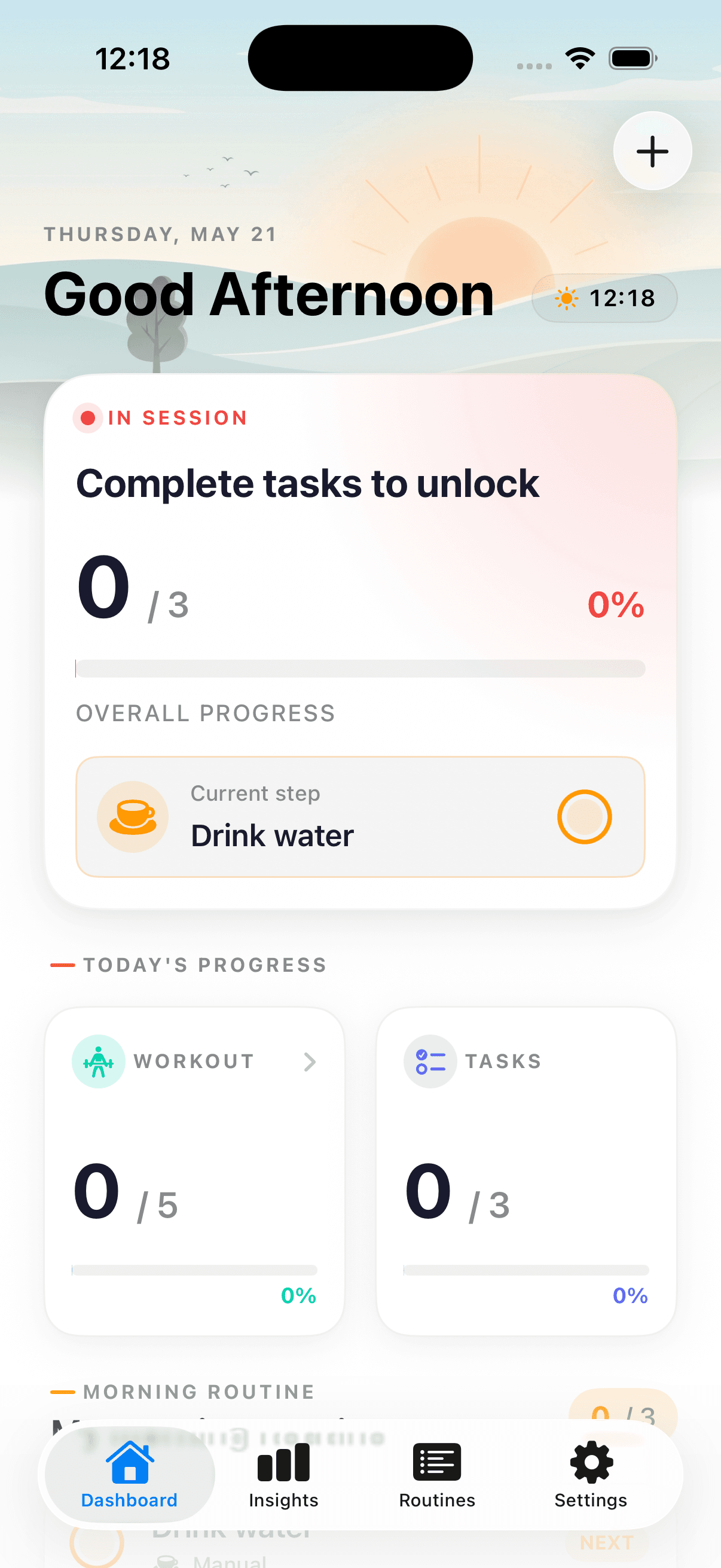 Morning Mode dashboard showing today's progress and an active morning routine session.