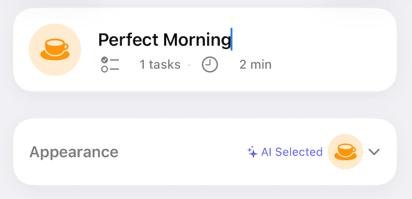 New Routine editor with Perfect Morning title, appearance row, estimated duration, and task list.
