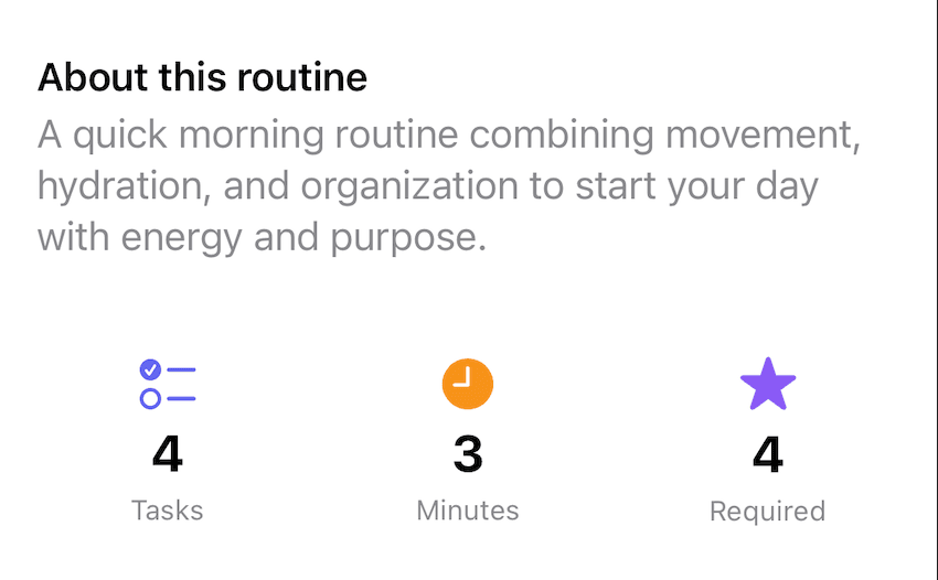 Routines list showing Morning Routine cards with streak counts and estimated durations.
