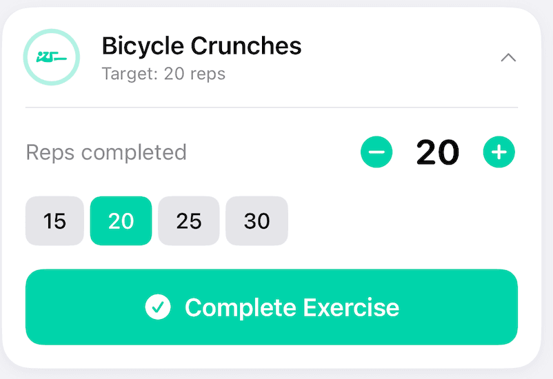 Active workout session with exercise cards for plank and sit-ups and completion controls.