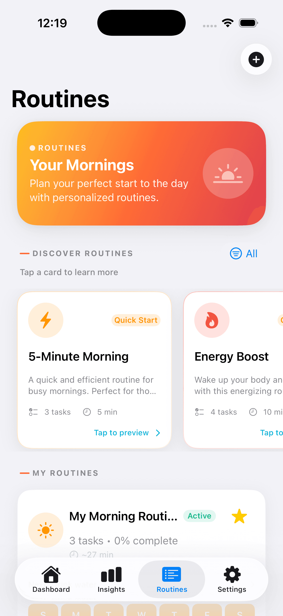 Morning Mode Routines screen showing saved routines and habit tiles.